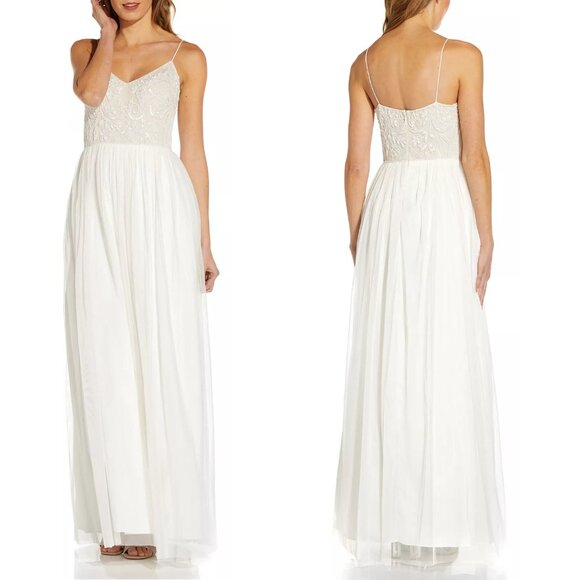 NWT Adrianna Papell Fully Beaded Bodice Tulle Skirt Full Length Gown in White - Picture 1 of 5